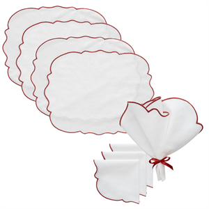 Decotique Gia Theeset 4 Placemats + 4 Servetten Wit/ Burgundy