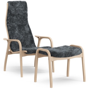 Swedese Lamino fauteuil met voetenbankje hoog gelakt beukenhout eiken/houtskool/schapenvacht