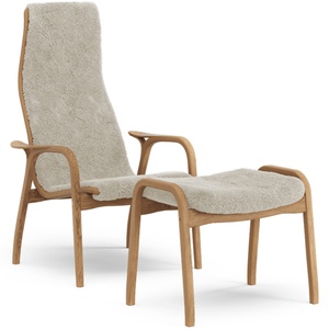 Swedese Lamino fauteuil met voetenbankje, hoog geolied eiken/moonlight/schapenvacht