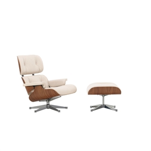 Vitra Eames fauteuil met voetenbank, naturel Walnoot/72 Snow/ Aluminium
