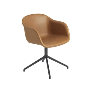 Muuto Fiber Eettafel Chair m. Armleuningen & Swivel Lampenvoet Leer Gestoffeerd Cognac/Zwart