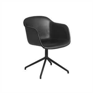 Muuto Fiber Eettafel Chair m. Armleuningen en Swivel Lampenvoet Leer Gestoffeerd Zwart/ Zwart